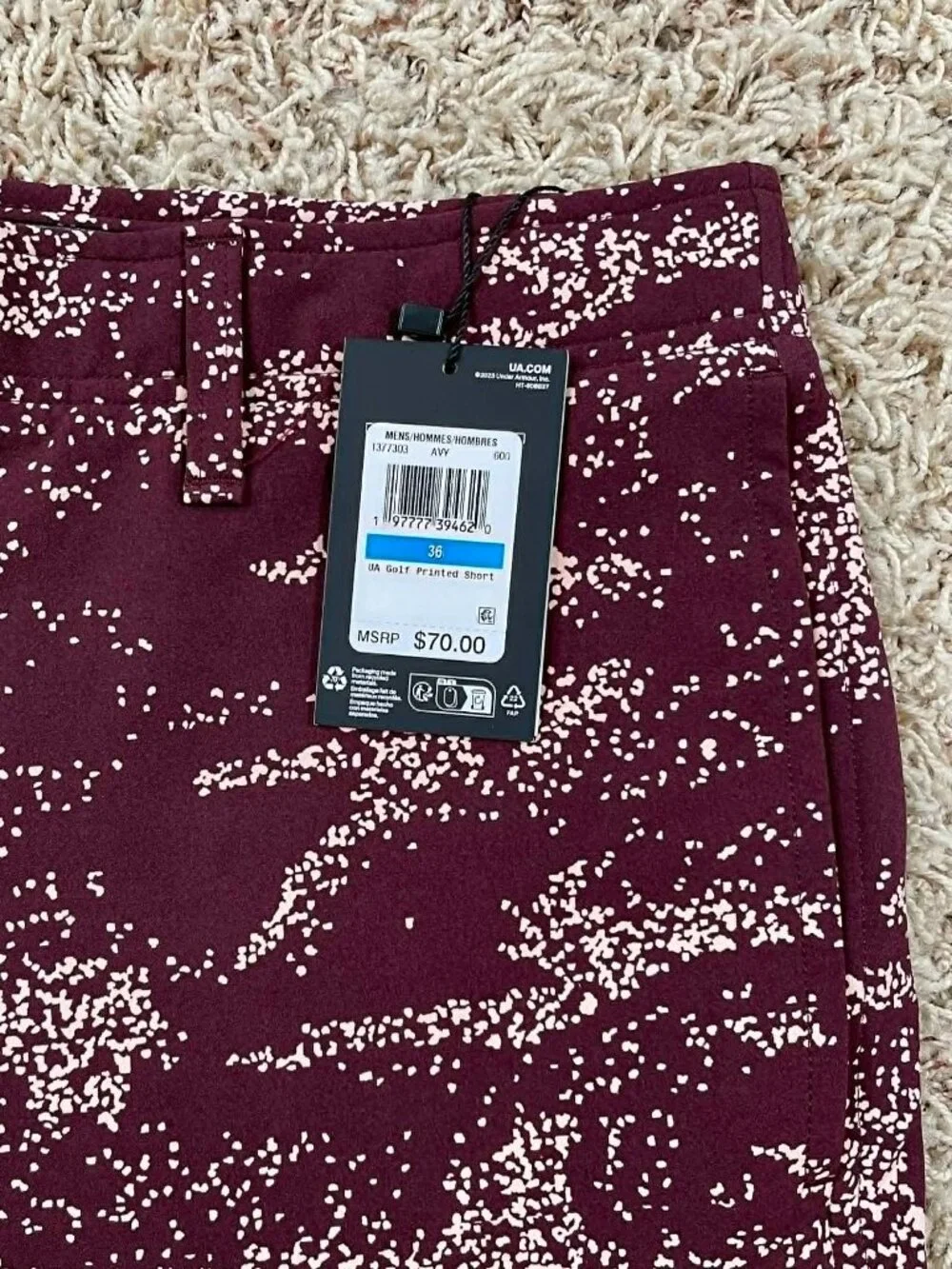 Under Armour Men’s Golf Printed Athletic Shorts Burgundy, Size 36 (New)